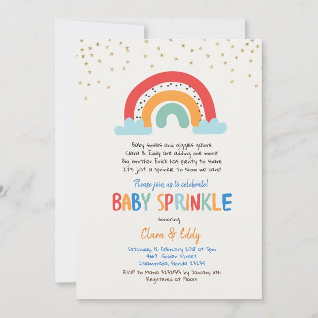 Inbjudan till färgfull regnbåge Baby Sprinkle-inka (Framsida)