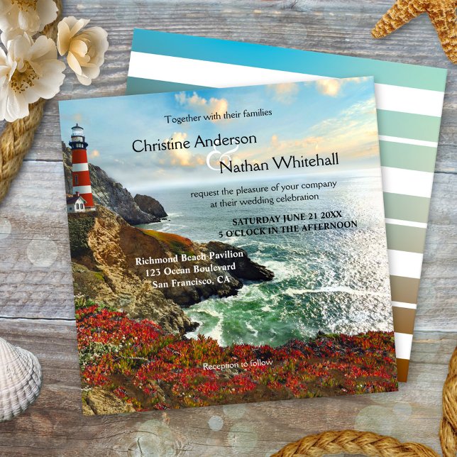 Inbjudan till färglöst bågfyr eller bröllop (Wedding invitation featuring a painting of a lighthouse on a cliff at the ocean in vibrant colors)