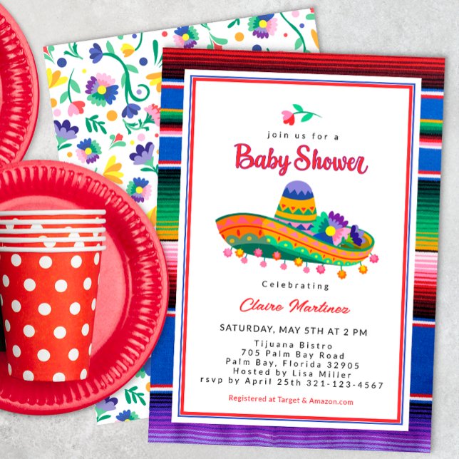 Inbjudan till färglöst Sombrero Fiesta Baby Shower (Mexican Floral Fiesta Baby Shower Invite)