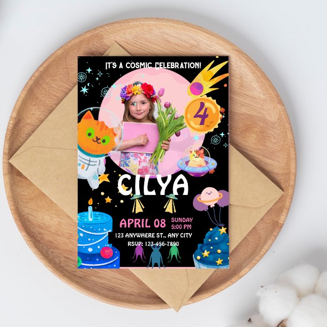 Inbjudan till färglöst svart Födelsedagsfest, tema (Colorful Black Space Themed Birthday Party Invitat Invitation)