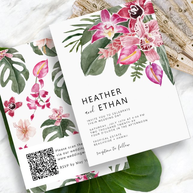 Inbjudan till färgstarka tropiska bröllop (Colorful Tropical Watercolor Floral Wedding Invitation QR Code by Painted Paperie
)