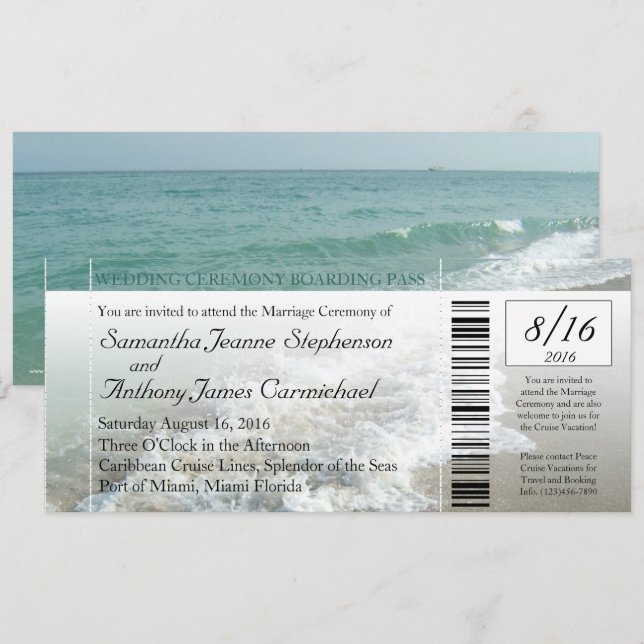 Inbjudan till Faux Boarding Pass Beach Wedding Bil (Fram/baksida)