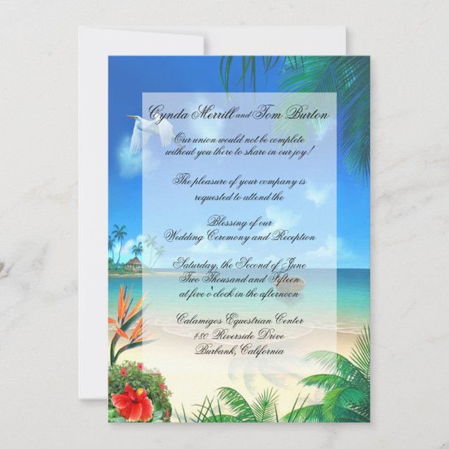 Inbjudan till "Faux Vellum" på exotiska Beach Wedd (Framsida)