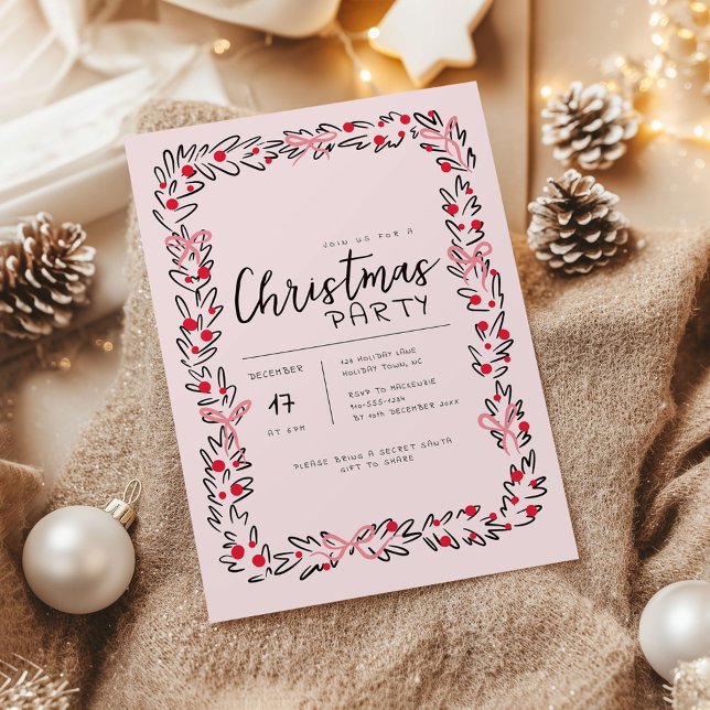 Inbjudan till festen Preppy Jul Wandeand & Bow (Whimsical Christmas Wreath holiday party invitation)