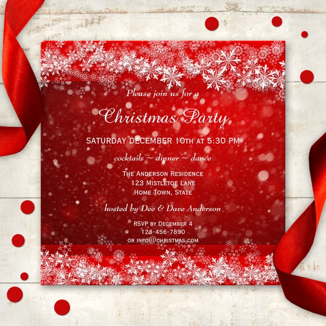 Inbjudan till Festive Red julparty (A modern Christmas party invitation in red with elegant snow crystals and snow flakes)