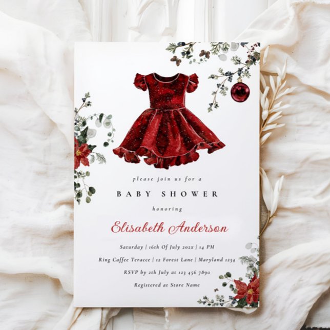 Inbjudan till Festive Red Winter Baby Shower Girl (Skapare uppladdad)
