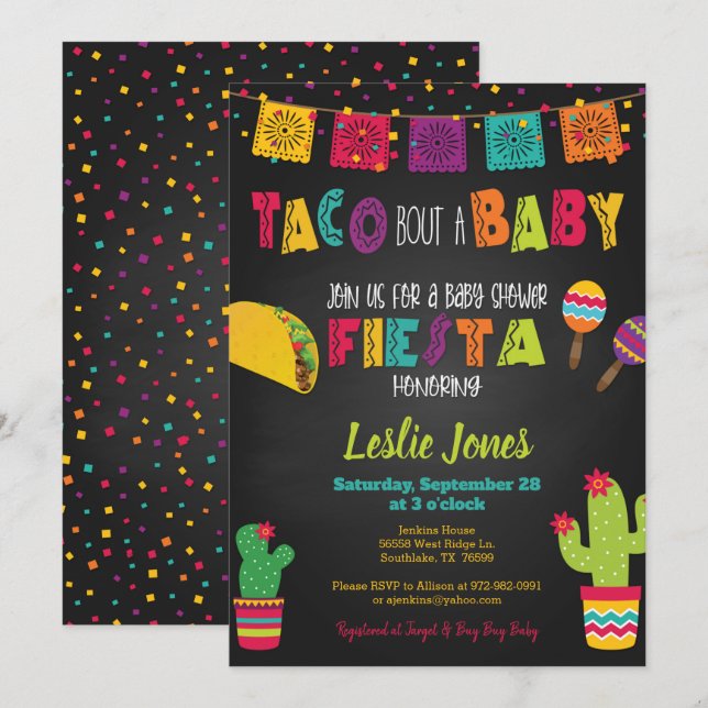 Inbjudan till Fiesta Baby Shower - Taco Bout a Bab (Fram/baksida)