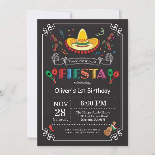 Inbjudan till Fiesta Birthday Chalkboard Mexikansk (Framsida)