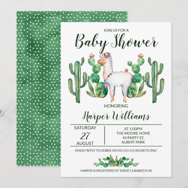 Inbjudan till Fiesta Llama Watercolor Baby Shower (Fram/baksida)