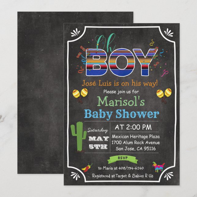 Inbjudan till Fiesta Mexican Oh Boy Baby Shower (Fram/baksida)