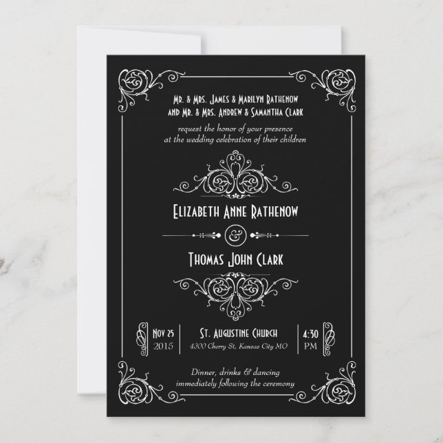 Inbjudan till Finare Art Deco Black & White Weddin (Framsida)