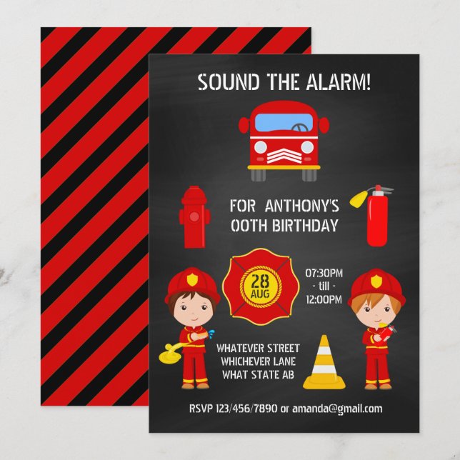 Inbjudan till Fireman Birthday Chalkboard (Fram/baksida)