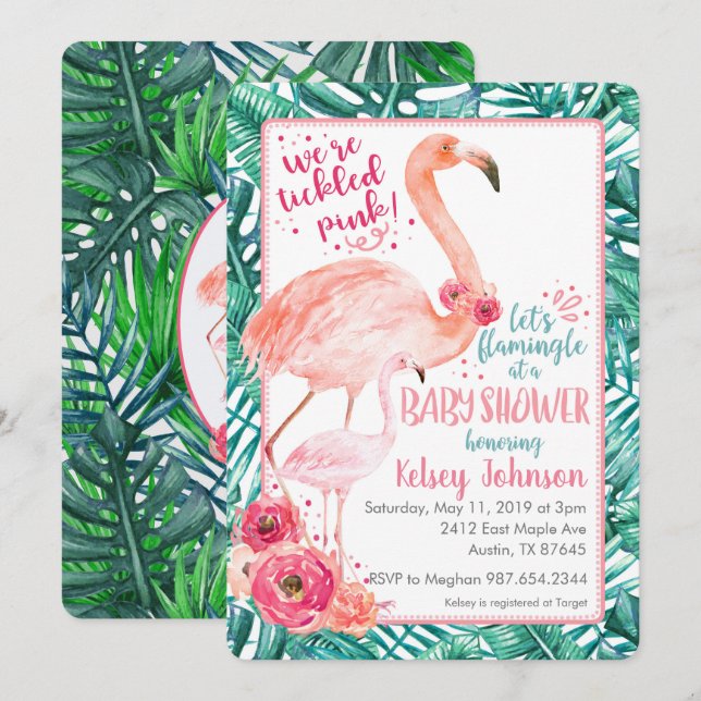 Inbjudan till Flamingo Baby Shower (Fram/baksida)