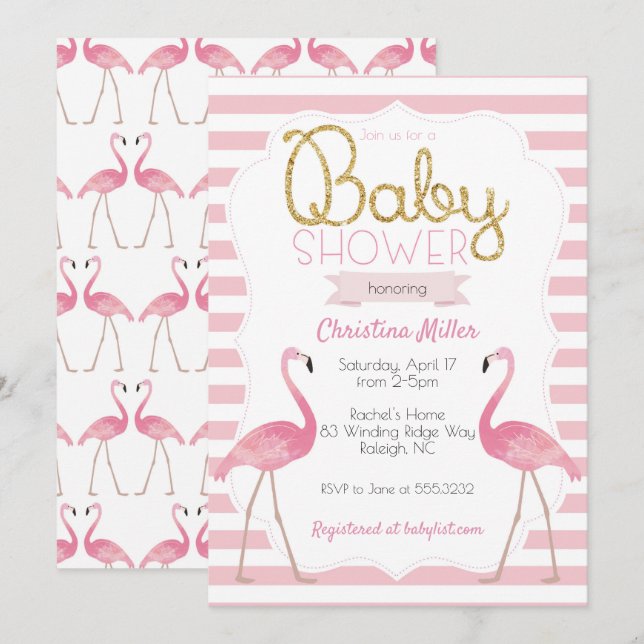 Inbjudan till Flamingo Baby Shower (Fram/baksida)