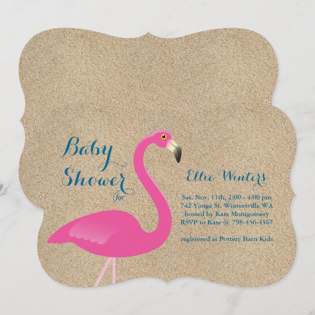 Inbjudan till Flamingo Baby Shower - Beach Sand (Fram/baksida)