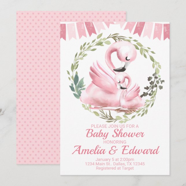 Inbjudan till Flamingo Baby Shower Inbjudan (Fram/baksida)