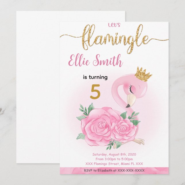 Inbjudan till Flamingo Birthday (Fram/baksida)