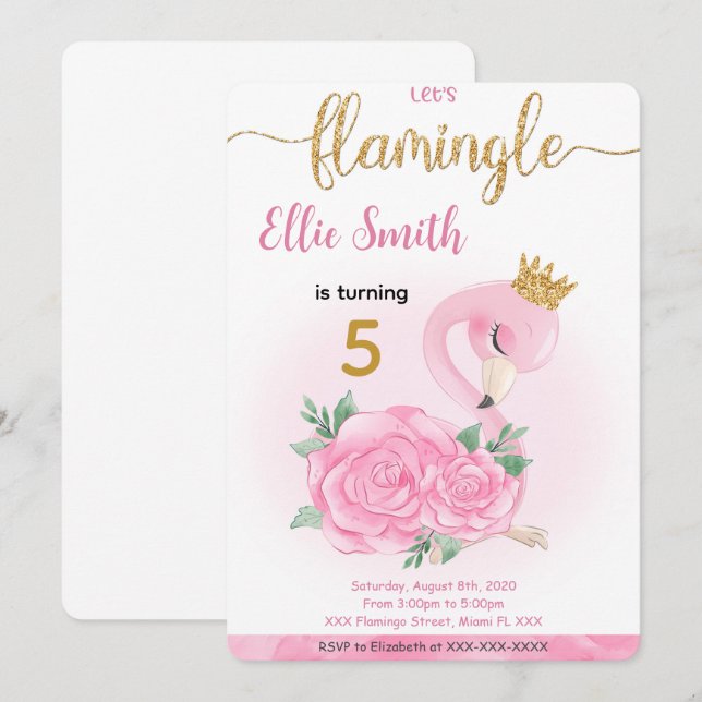 Inbjudan till Flamingo Birthday (Fram/baksida)