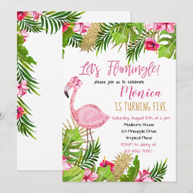 Inbjudan till Flamingo Birthday (Fram/baksida)