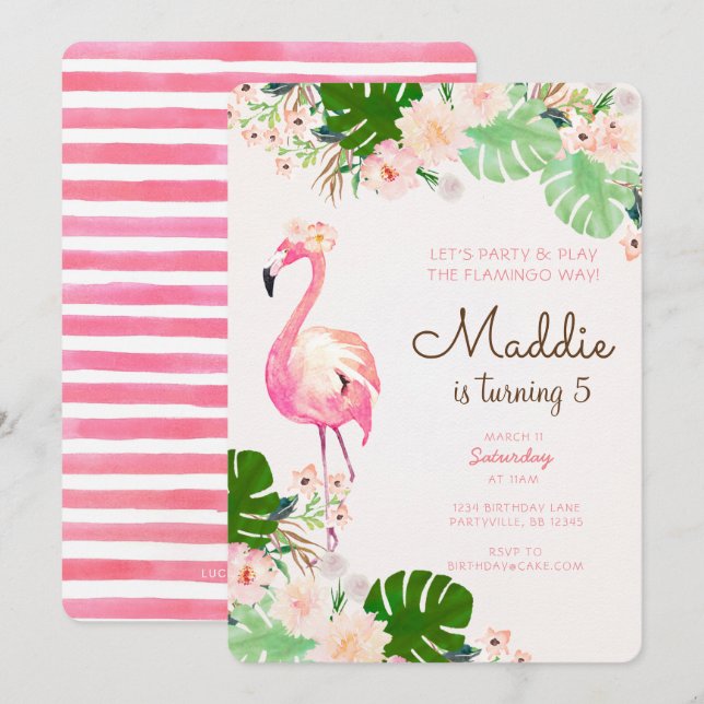 Inbjudan till Flamingo Birthday (Fram/baksida)