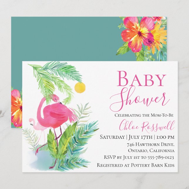 Inbjudan till Flamingo Blommigt Baby Shower (Fram/baksida)