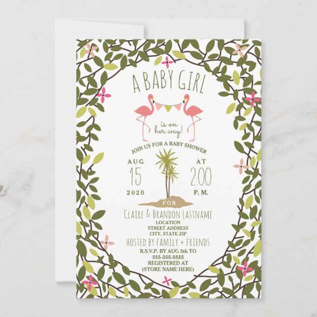 Inbjudan till Flamingo Foliage Baby Shower (Framsida)