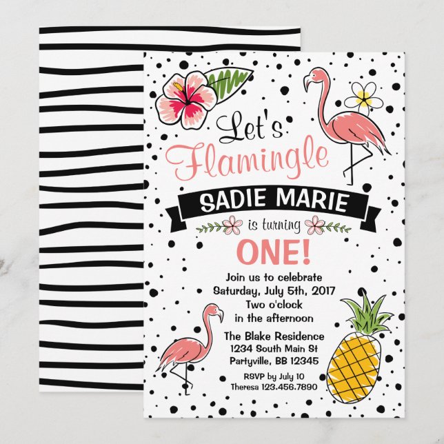 Inbjudan till Flamingo och Pinapple Doodle Birthda (Fram/baksida)