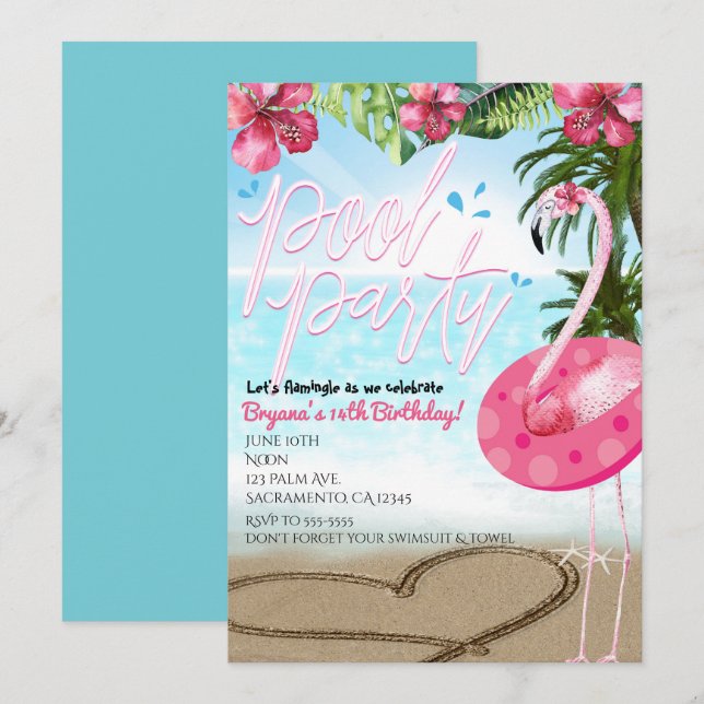 Inbjudan till Flamingo Sommarfödelsedag BASSÄNG PA (Fram/baksida)