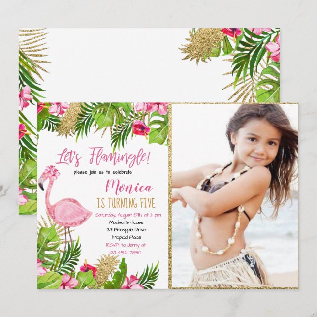 Inbjudan till Flamingo Tropical Birthday (Fram/baksida)