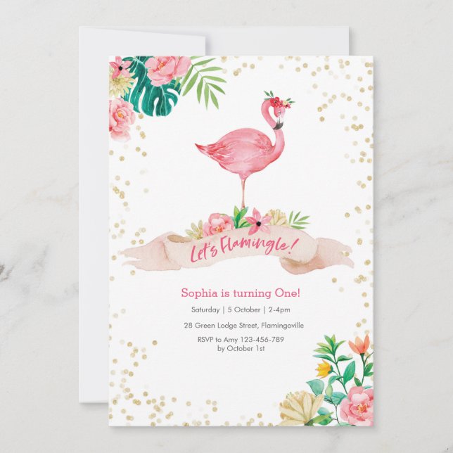 Inbjudan till Flamingo Tropical Birthday (Framsida)