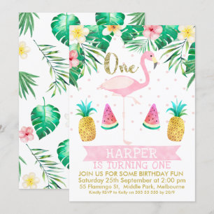 Inbjudan till Flamingo Tropical Fruit First Birthd