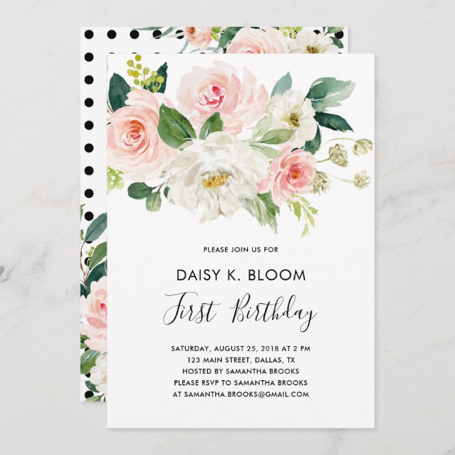 Inbjudan till flicka 1:a födelsedagspartiet (Fram/baksida)