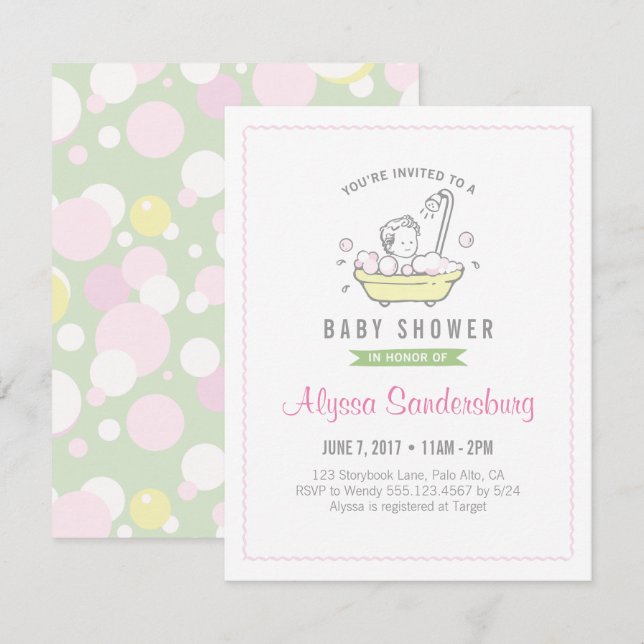 Inbjudan till flicka Bubble Bath Baby Shower (Fram/baksida)