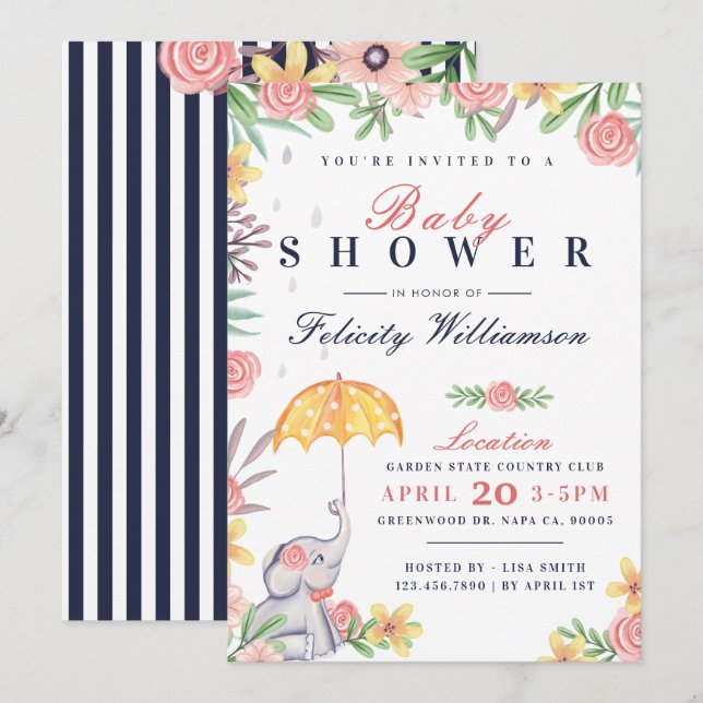Inbjudan till flicka Elephant Umbrella Baby Shower (Fram/baksida)