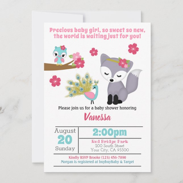 Inbjudan till flicka Rosa Fox Baby Shower (Framsida)