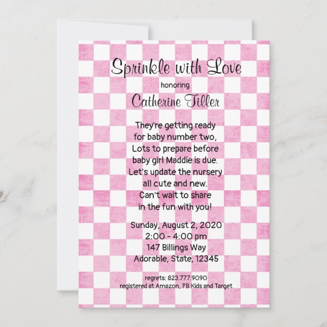 Inbjudan till Flicka Rosa Gingham Sprinkle Shower (Framsida)