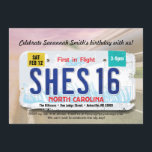 Inbjudan till flickas 16-årsdag i North Carolina-l<br><div class="desc">En tonårstjej som fyller 16 och får sitt körkort är en milstolpe att fira! Jag skapade den här designen för att fånga den enskilda statens registreringsskylt och placera den ovanpå en mjuk bakgrund som inkluderar gatan, motorvägen och himlen. Den här designen sammanfattar din födelsedagsfirande snabbt. Det är rakt på sak...</div>
