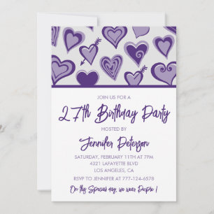 Inbjudan till flickig 27-årsfest Purple Hearts