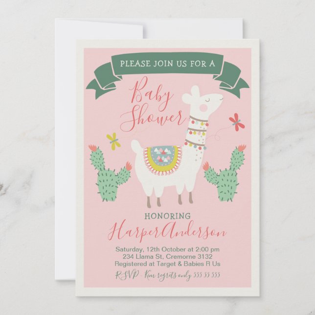 Inbjudan till flicklama och cactus Baby Shower (Framsida)