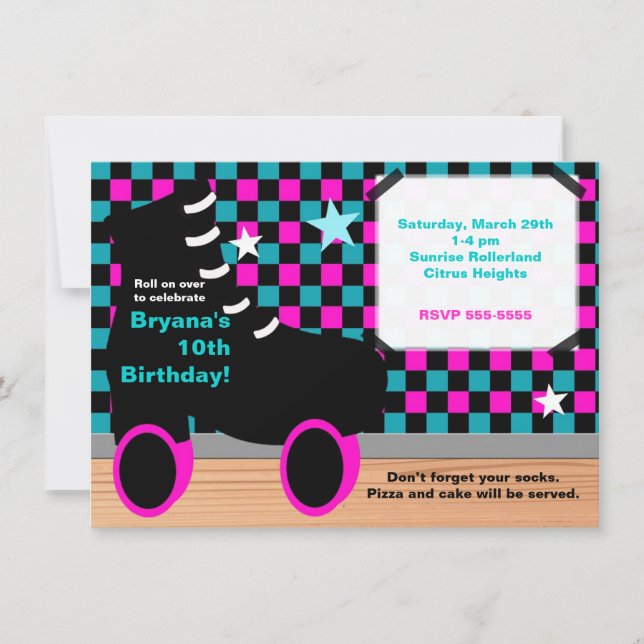 Inbjudan till flickor rosa teal rullskridskor skat (Framsida)