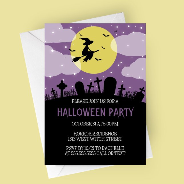 Inbjudan till flygande Witch Halloween fest (Flying Witch Over Cemetery with Purple Sky Halloween Party Invitation)