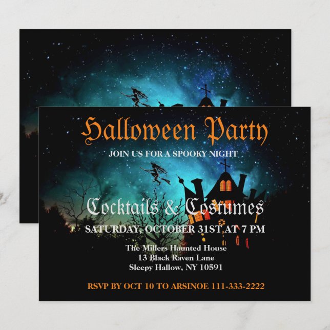 Inbjudan till flygande Witch Spooky Halloween fest (Fram/baksida)