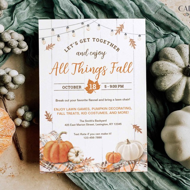 Inbjudan till flygskörning Party all Sak-flygavgån (Fall Party invitation to celebrate All Things Fall with pumpkins, leaves, and cozy flannel)