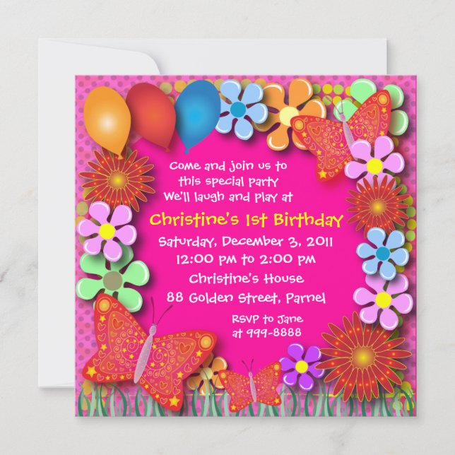 Inbjudan till födelsedag: 003C Butterflies och Flo (Framsida)