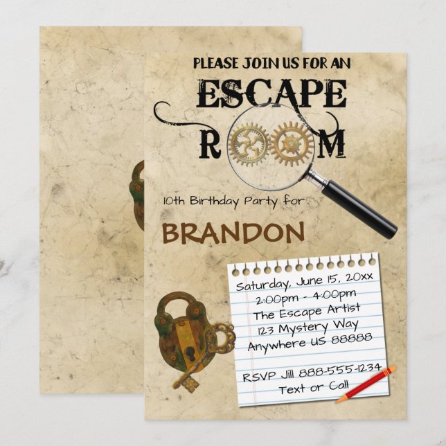 Inbjudan till födelsedag i Escape-rum (Fram/baksida)