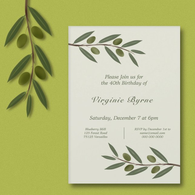 Inbjudan till födelsedag i vattentorg i Olive Gren (Watercolor Olive Branch Birthday Invitation)