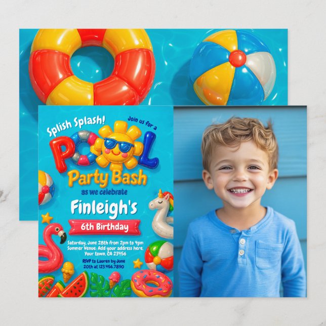 Inbjudan till födelsedagen bassäng Party (Fram/baksida)