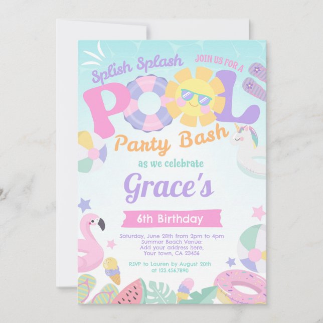 Inbjudan till födelsedagen bassäng Party (Framsida)