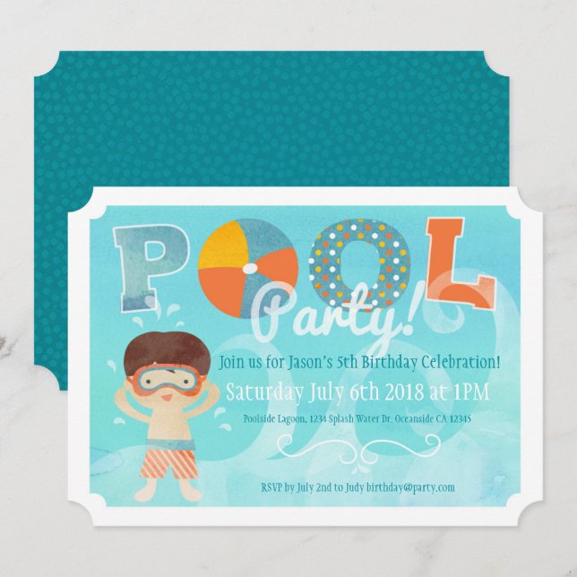 Inbjudan till födelsedagen bassäng Party (Fram/baksida)