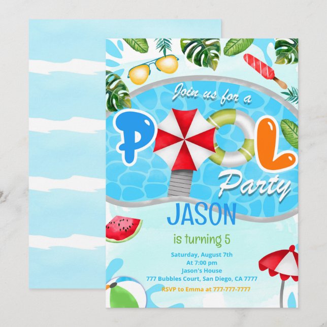 Inbjudan till födelsedagen bassäng Party (Fram/baksida)